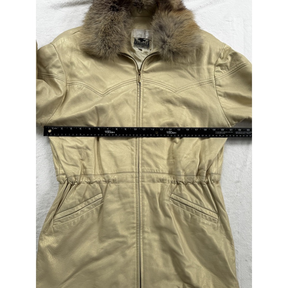 Vintage Cache Damselle Jacket Womens XS Beige Leather Fur Collar Belted USA 80s - Picture 5 of 12